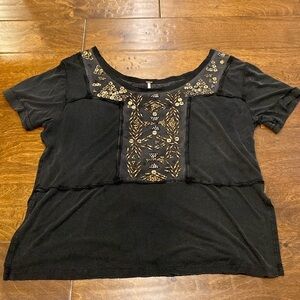 Free People Black Beaded Short Sleeve Top